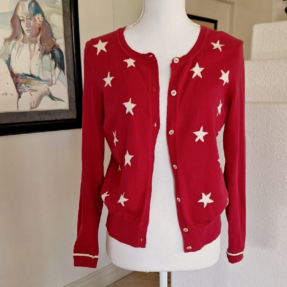 Tommy Hilfiger Red Knit Star Cardigan Sweater Small